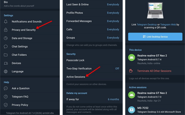 Screenshot showing the Active Sessions page in Telegram settings with unfamiliar devices highlighted