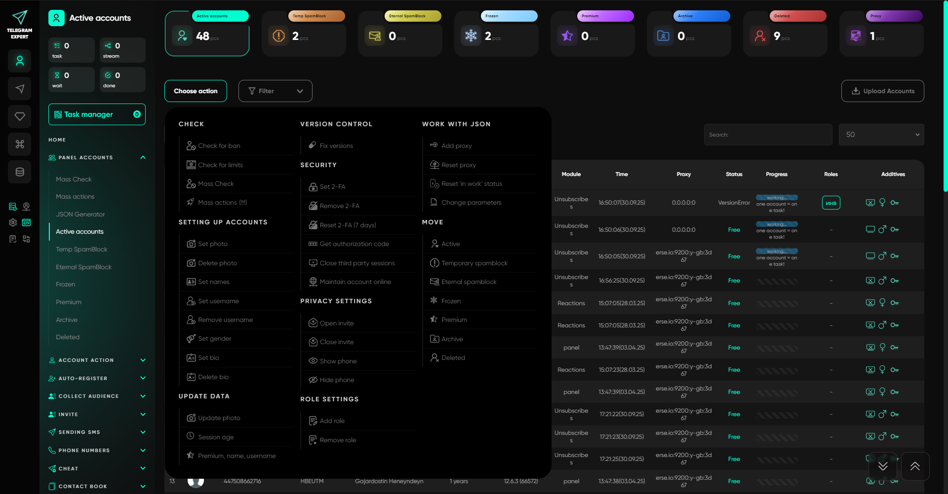 Telegram Expert account management panel showing folders, session statuses, and bulk actions